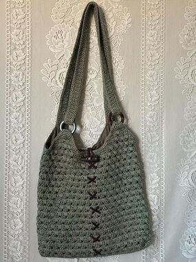 Olive Green Crochet Shoulder Bag with Toggle Detail